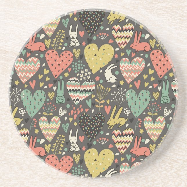 Dessous De Verre En Grès Motif mignon de lapins d'amour avec des coeurs (Devant)