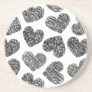 Dessous De Verre En Grès Motif moderne Black and White Doodle Hearts