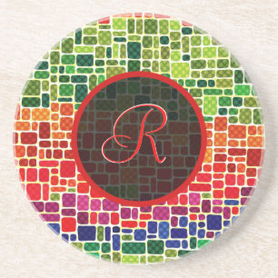 Dessous De Verre En Grès Motif-Monogramme géométrique rétro-coloré