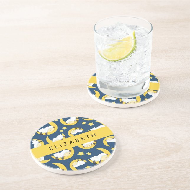 Dessous De Verre En Grès Motif mouton, Mouton dormant, Lune, Votre Nom (Côté)