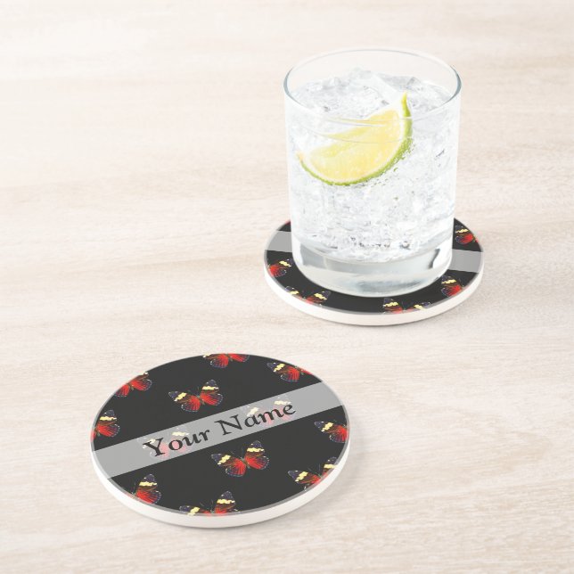 Dessous De Verre En Grès Motif papillon rouge et noir (Côté)