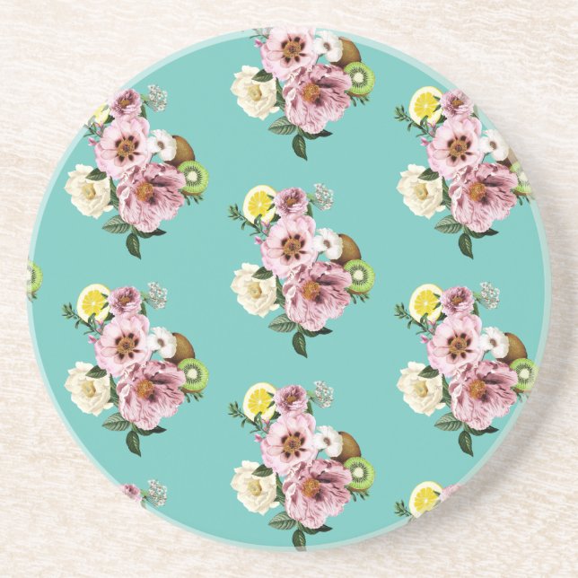 Dessous De Verre En Grès Motif romantique de kiwi, citron et pivoine (Devant)