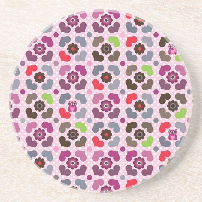 Dessous De Verre En Grès motif rose de fleurs et de hiboux (Devant)