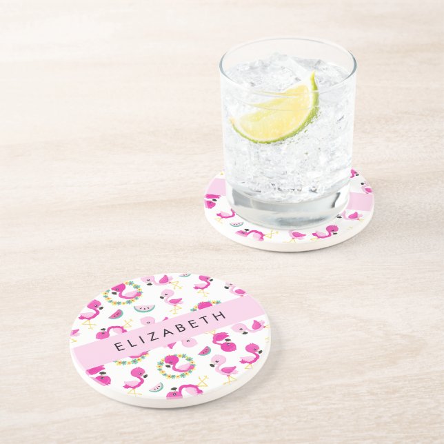 Dessous De Verre En Grès Motif tropical, Flamants roses, Fleurs, Votre Nom (Côté)