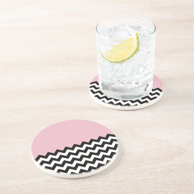 Dessous De Verre En Grès Motif Zigzag noir et blanc, Chevron, rose (Côté)