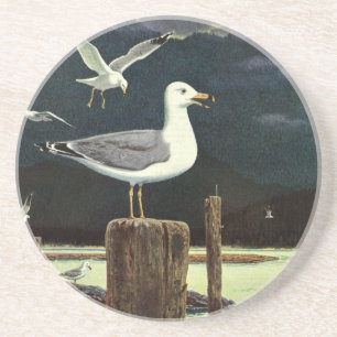 Dessous De Verre En Grès Mouette vintage perchée sur une jetée, oiseaux mar
