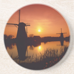 Dessous De Verre En Grès Moulins à vent au coucher du soleil, Kinderdijk, P