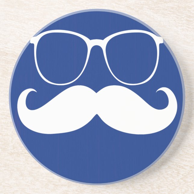 Dessous De Verre En Grès Moustache blanche amusante sur Arrière - plan bleu (Devant)