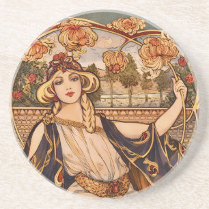 Dessous De Verre En Grès Muse du Chrysanthème Doré – Art Nouveau Floral