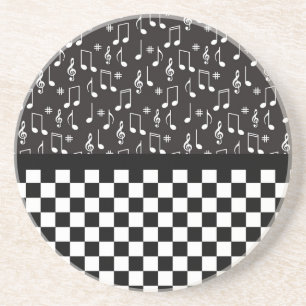 Dessous De Verre En Grès Music and Checkerboard Black and White