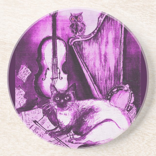 Dessous De Verre En Grès MUSICAL CAT ,Pink Fuchsia White (Devant)
