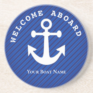 Dessous De Verre En Grès Nautical Navy Blue Welcome Aboard Boat Name Anchor