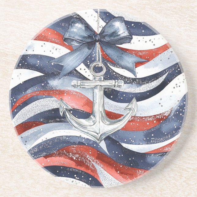 Dessous De Verre En Grès Nautical Red White Blue Bow Anchor (Devant)