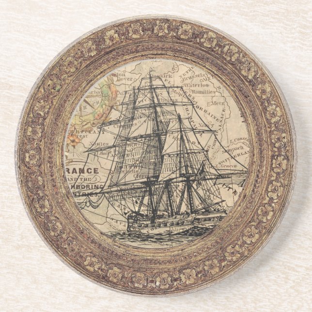 Dessous De Verre En Grès Navire Ancien et Carte (Devant)