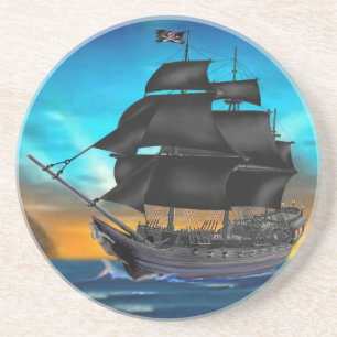 DESSOUS DE VERRE EN GRÈS NAVIRE PIRATE AU SOLEIL COUCHANT