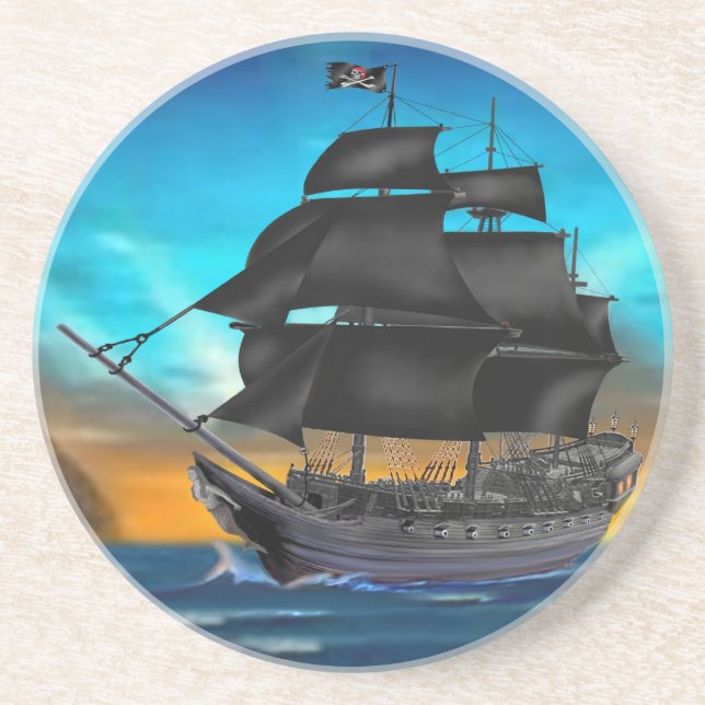 DESSOUS DE VERRE EN GRÈS NAVIRE PIRATE AU SOLEIL COUCHANT (Devant)