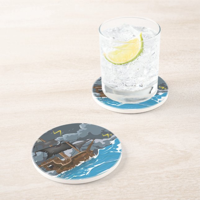 Dessous De Verre En Grès Navire Pirate dans la Tempête (Côté)