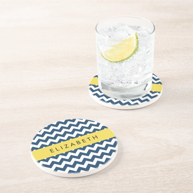 Dessous De Verre En Grès Navy Blue Zigzag, Navy Blue Chevron, Votre nom (Côté)