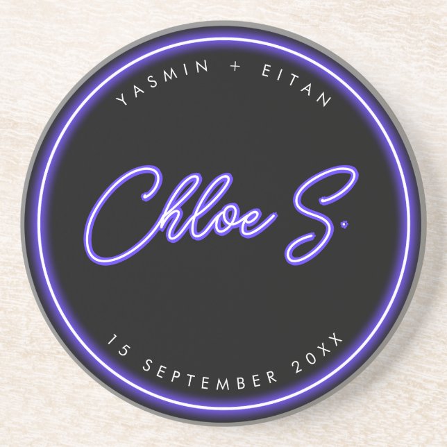 Dessous De Verre En Grès Neon moderne violet Script Nom Mariage Faveur (Devant)