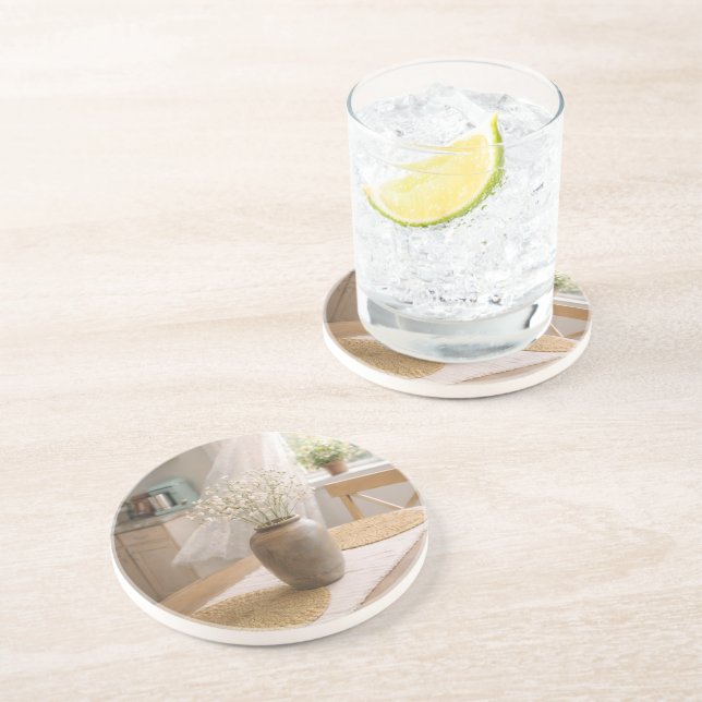 Dessous De Verre En Grès  Neutral Farmhouse Woven Look Floral Coasters (Côté)