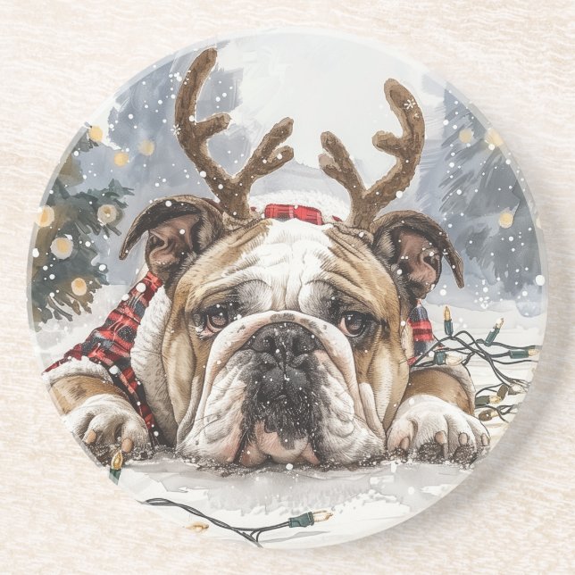 Dessous De Verre En Grès Noël anglais Bulldog Reindeer (Devant)