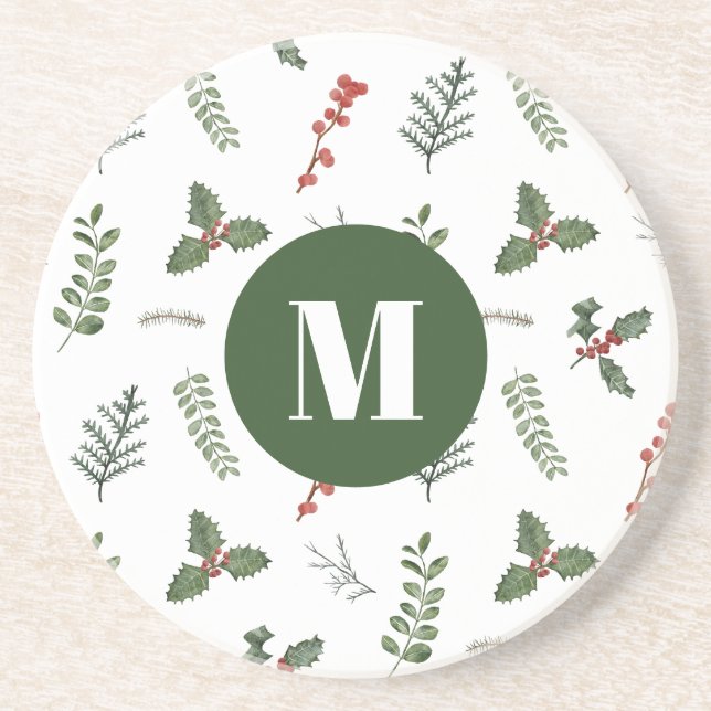 Dessous De Verre En Grès Noël Aquarelle Verdure et Berry (Devant)