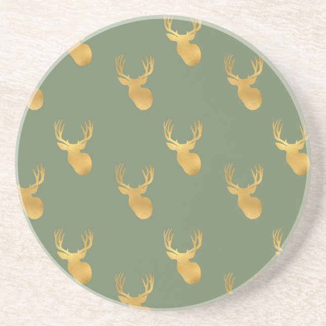 Dessous De Verre En Grès Noël cerf or vert olive rustique (Devant)