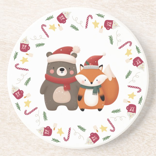 Dessous De Verre En Grès Noël/hiver Mignonne Ours et renard (Devant)