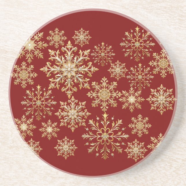 Dessous De Verre En Grès Noël Or et Flocon de Neige Rouge  (Devant)