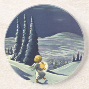 Dessous De Verre En Grès Noël Vintage, Ange de neige marchant avec une étoi