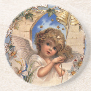 Dessous De Verre En Grès Noël vintage, Ange victorien avec cloches d'or