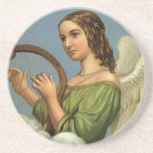 Dessous De Verre En Grès Noël vintage, Ange victorien avec Harpe musicale