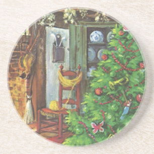 Dessous De Verre En Grès Noël vintage, chalet confortable avec cheminée