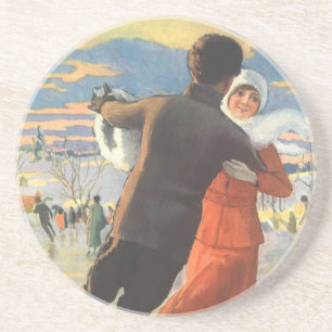 Dessous De Verre En Grès Noël vintage, couple romantique patinant sur glace