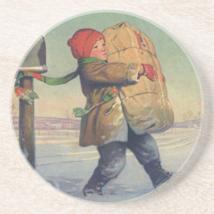 Dessous De Verre En Grès Noël vintage, enfant avec gros colis