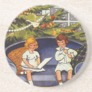 Dessous De Verre En Grès Noël vintage, enfants assis sur un canapé