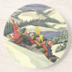 Dessous De Verre En Grès Noël vintage, Enfants dormant sur la montagne