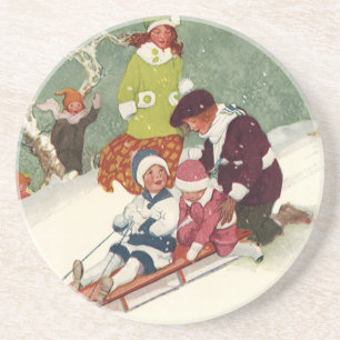 Dessous De Verre En Grès Noël vintage, enfants faisant de la luge dans la n