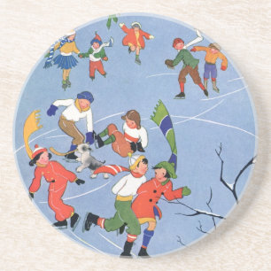 Dessous De Verre En Grès Noël vintage, enfants patinant sur un lac