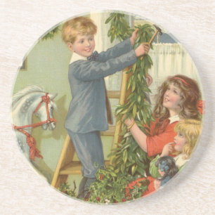 Dessous De Verre En Grès Noël Vintage, Enfants Victoriens Décoration