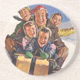 Dessous De Verre En Grès Noël vintage, famille heureuse faisant de la luge