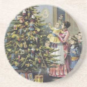 Dessous De Verre En Grès Noël Vintage, Famille Victorienne Autour De L'Arbr