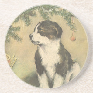 Dessous De Verre En Grès Noël Vintage, Joli Chiot Sous Arbre De Noël
