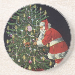 Dessous De Verre En Grès Noël vintage, Père Noël avec présents