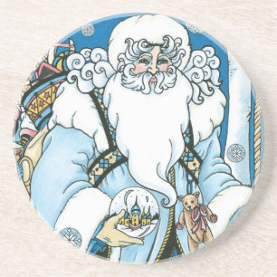 Dessous De Verre En Grès Noël vintage, Père Noël bleu avec boule à neige
