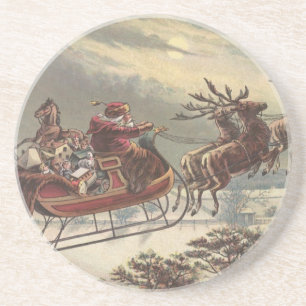 Dessous De Verre En Grès Noël vintage, Père Noël victorien à Sleigh