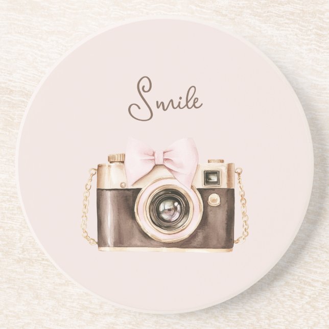 Dessous De Verre En Grès Nœud rose caméra marron sourire (Devant)