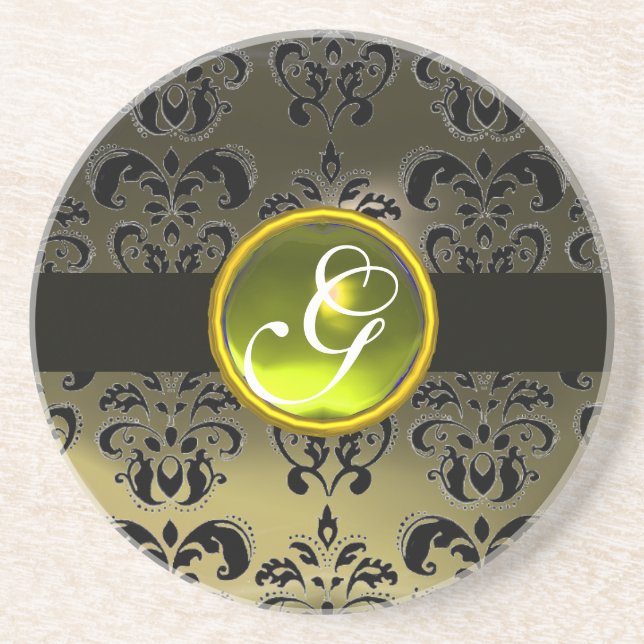 Dessous De Verre En Grès NOIR ET GRIS DAMASK Yellow Topaz Monogramme (Devant)