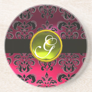 Dessous De Verre En Grès NOIR ET ROSE DAMASK Jaune Topaz Monogramme