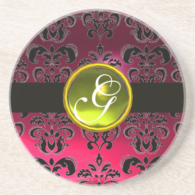 Dessous De Verre En Grès NOIR ET ROSE DAMASK Jaune Topaz Monogramme (Devant)